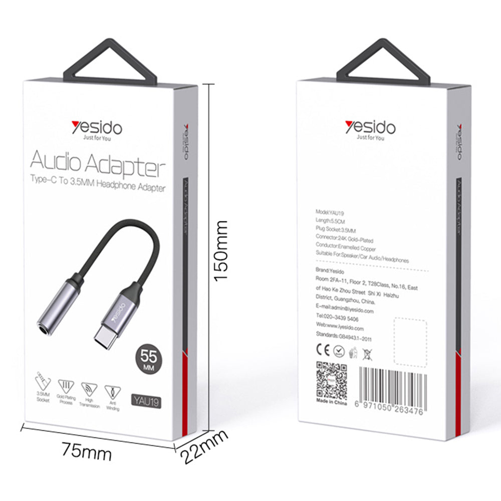 Adaptor Yesido Audio Cable Adapter (YAU19), Type-C to Jack 3.5mm, Negru