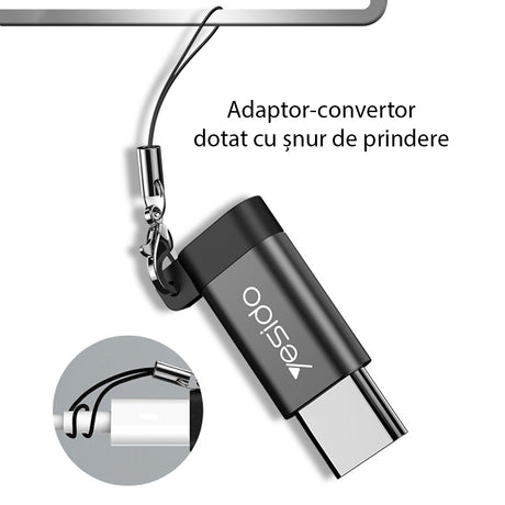 Adaptor Yesido OTG Adapter (GS04), Micro-USB to Type-C, Plug & Play, 480Mbps, Negru