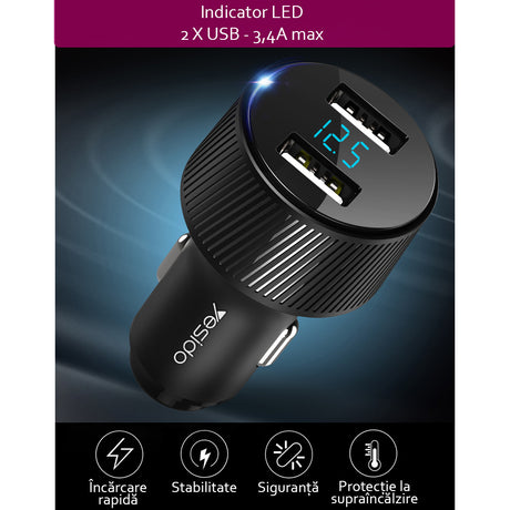 Incarcator Yesido Car (Y31), 2x USB, LED Display, QC 3.0, 18W, 3A, Negru