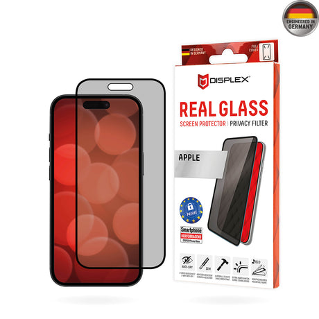 Folie de protectie Displex Premium Real Glass Privacy Full Cover compatibil cu iPhone 16 Plus, Negru