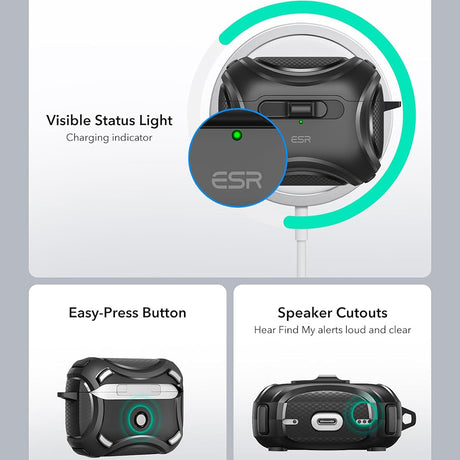 Casti ESR Cyber Magnetic Lock Case HaloLock, Apple AirPods Pro 1 / 2, Negru
