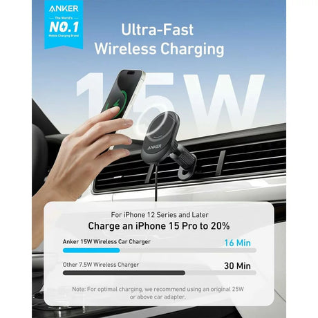 Suport Anker with Wireless Charging MagGo (B2932G11), Magnetic Grip for Air Vent, 360° Rotation, Type-C, 15W, Negru
