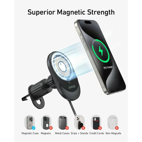 Suport Anker with Wireless Charging MagGo (B2932G11), Magnetic Grip for Air Vent, 360° Rotation, Type-C, 15W, Negru