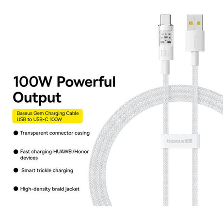 Cablu Baseus Gem (P10373002211-00), USB to Type-C, Super Fast Charging 100W, 1m, Moon White