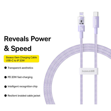 Cablu Baseus Gem (P10373001511-00), USB-C to Lightning, Fast Charging 20W, 1m, Nebula Purple