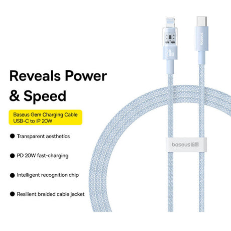 Cablu Baseus Gem (P10373001311-00), USB-C to Lightning, Fast Charging 20W, 1m, Galaxy Blue