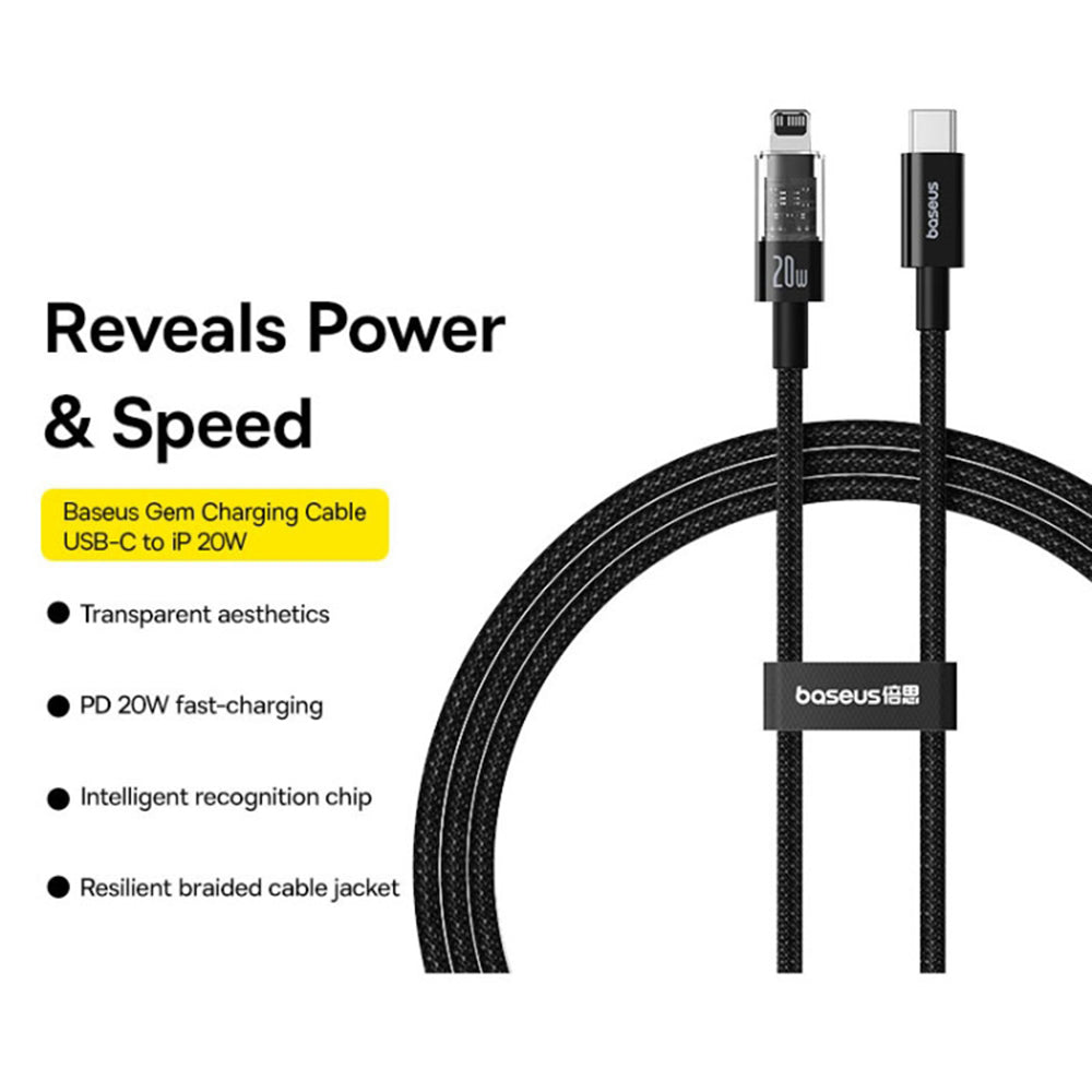 Cablu Baseus Gem (P10373001111-01), USB-C to Lightning, Fast Charging 20W, 2m, Cluster Black