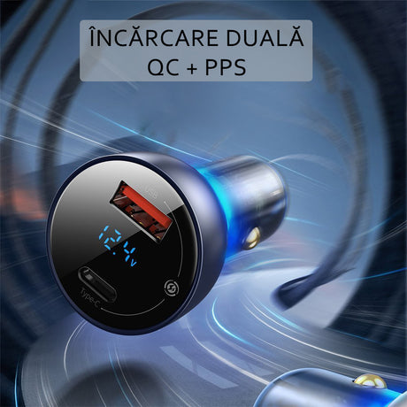 Incarcator Baseus Car (CCKX-C0A), with Digital Display, Type-C PD65W, USB QC4.0, DC 12-24V, Transparent