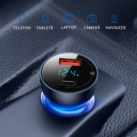 Incarcator Baseus Car (CCKX-C0A), with Digital Display, Type-C PD65W, USB QC4.0, DC 12-24V, Transparent