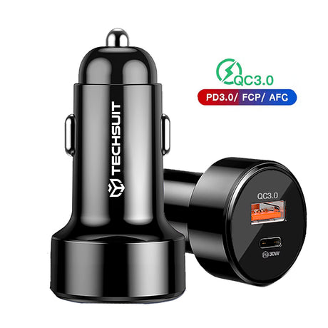 Incarcator Techsuit Car Premium (TE-P31), USB QC3.0 18W, Type-C PD30W, Total 48W, LED Light, Negru