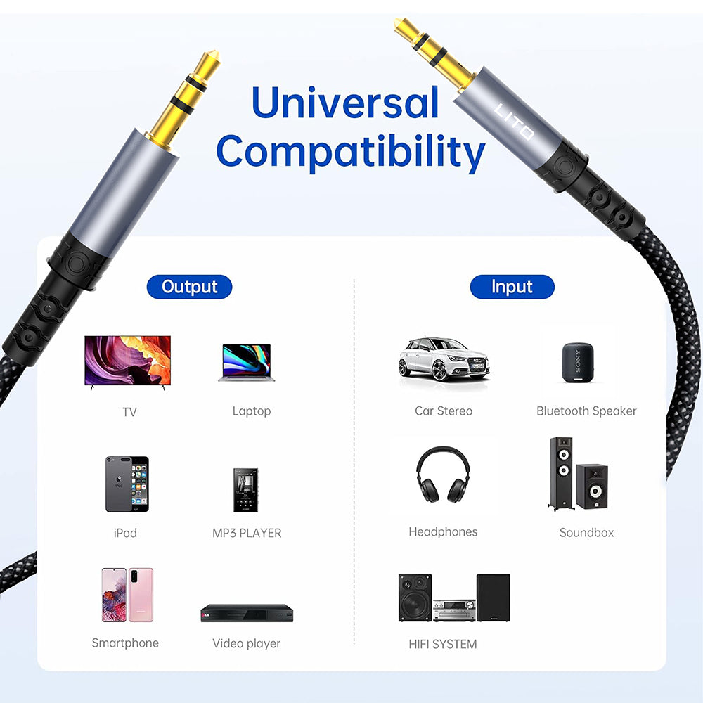 Adaptor Lito Audio Cable Adapter (LA01D), Jack to Jack 3.5mm, Hi-Fi, 24k Gold-plated Contacts, Nylon-braided, 1m, Negru