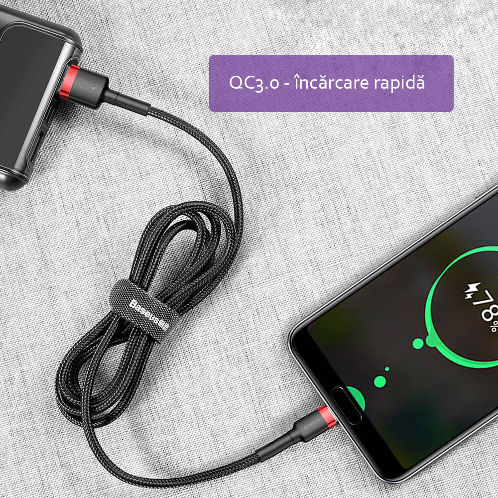 Cablu Baseus Cafule (CATKLF-C91), USB to Type-C, 2A, 2m, 480Mbps, Aluminum Alloy, Nylon, Rosu Black