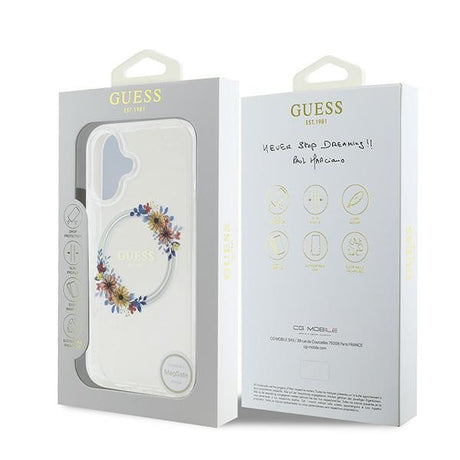 Husa de protectie Guess IML Flowers Wreath MagSafe (GUHMP16MHFWFCT) compatibil cu iPhone 16 Plus, Transparent