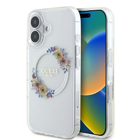 Husa de protectie Guess IML Flowers Wreath MagSafe (GUHMP16MHFWFCT) compatibil cu iPhone 16 Plus, Transparent