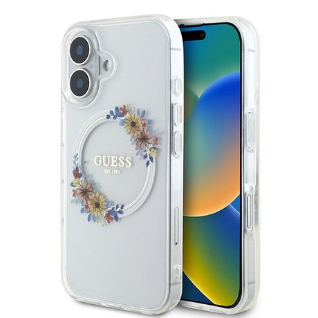 Husa de protectie Guess IML Flowers Wreath MagSafe (GUHMP16MHFWFCT) compatibil cu iPhone 16 Plus, Transparent