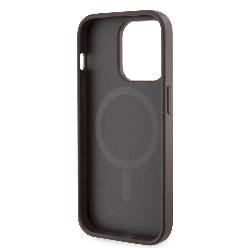 Husa de protectie Guess Hardcase 4G Printed Stripes MagSafe (GUHMP15LP4RPSW) compatibil cu iPhone 15 Pro, Maro
