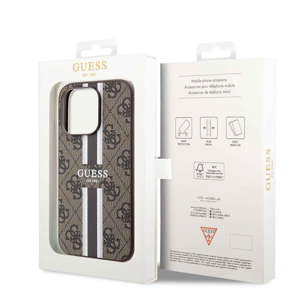 Husa de protectie Guess Hardcase 4G Printed Stripes MagSafe (GUHMP15LP4RPSW) compatibil cu iPhone 15 Pro, Maro