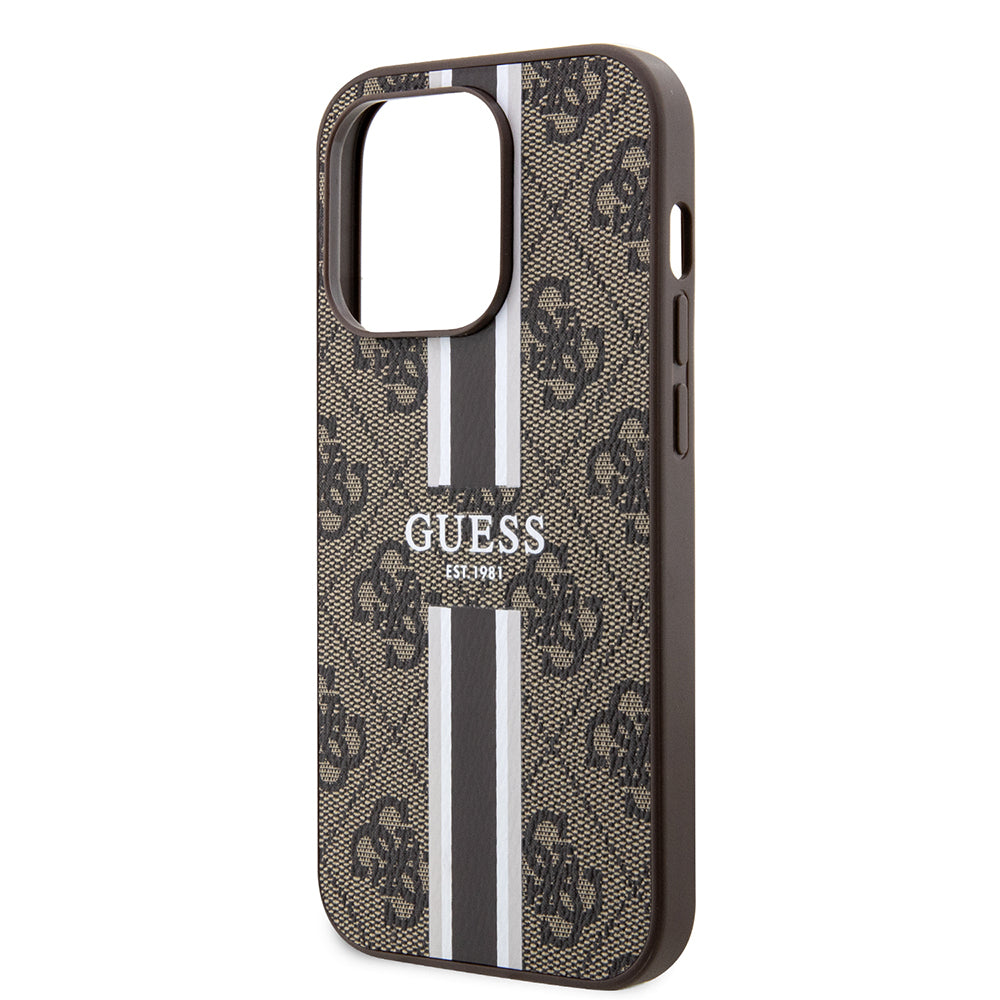 Husa de protectie Guess Hardcase 4G Printed Stripes MagSafe (GUHMP15LP4RPSW) compatibil cu iPhone 15 Pro, Maro