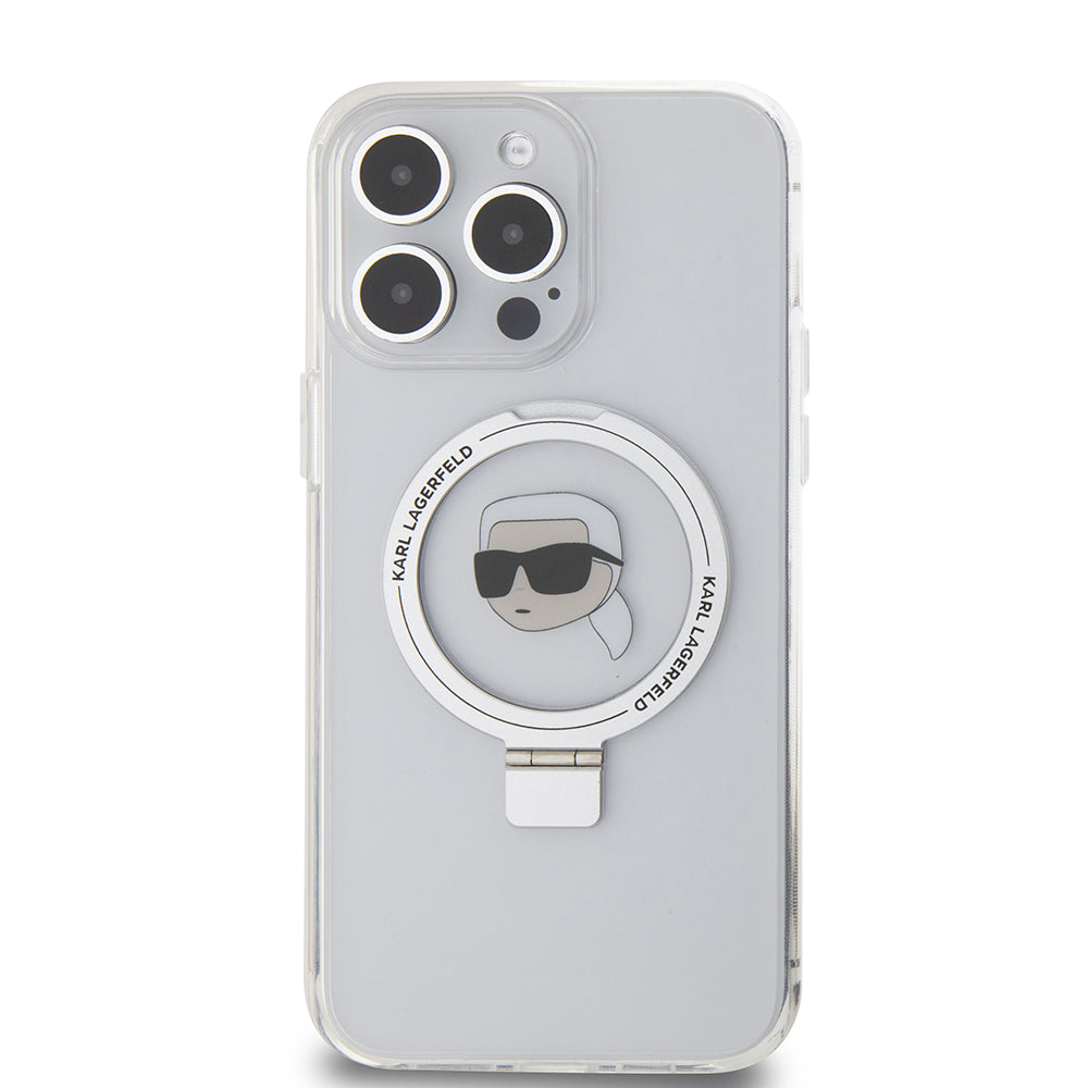 Husa de protectie Karl Lagerfeld Hardcase Ring Stand MagSafe (KLHMP15XHMRSKHH) compatibil cu iPhone 15 Pro Max, Alb Karl Head
