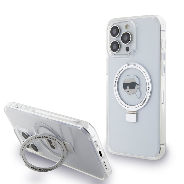 Husa de protectie Karl Lagerfeld Hardcase Ring Stand MagSafe (KLHMP15XHMRSKHH) compatibil cu iPhone 15 Pro Max, Alb Karl Head