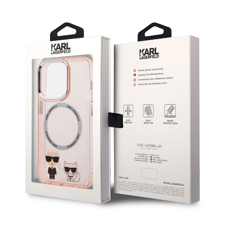 Husa de protectie Karl Lagerfeld Hardcase MagSafe (KLHMP14LHKCP) compatibil cu iPhone 14 Pro, Roz Karl & Choupette Aluminium