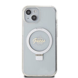 Husa de protectie Guess Ring Stand Script Glitter MagSafe (GUHMP15SHRSGSD) compatibil cu iPhone 15, Transparent