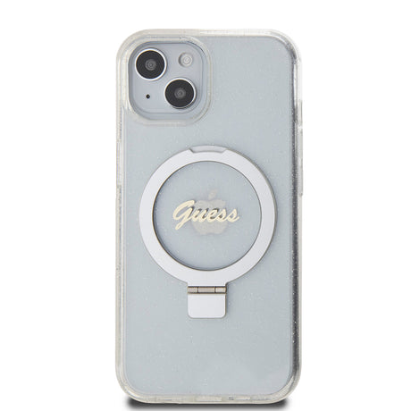 Husa de protectie Guess Ring Stand Script Glitter MagSafe (GUHMP15SHRSGSD) compatibil cu iPhone 15, Transparent