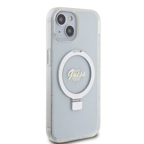 Husa de protectie Guess Ring Stand Script Glitter MagSafe (GUHMP15SHRSGSD) compatibil cu iPhone 15, Transparent