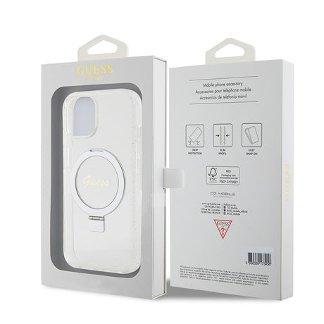 Husa de protectie Guess Ring Stand Script Glitter MagSafe (GUHMP15SHRSGSD) compatibil cu iPhone 15, Transparent