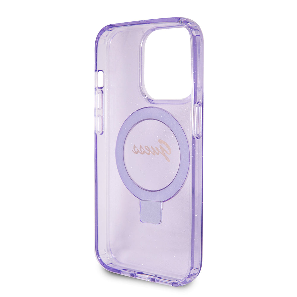 Husa de protectie Guess Ring Stand Script Glitter MagSafe compatibil cu iPhone 15 Pro (GUHMP15LHRSGSU), Mov