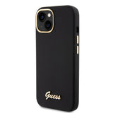 Husa de protectie Guess Silicone Script Metal Logo & Frame (GUHCP15SSMBSLK) compatibil cu iPhone 15, Negru