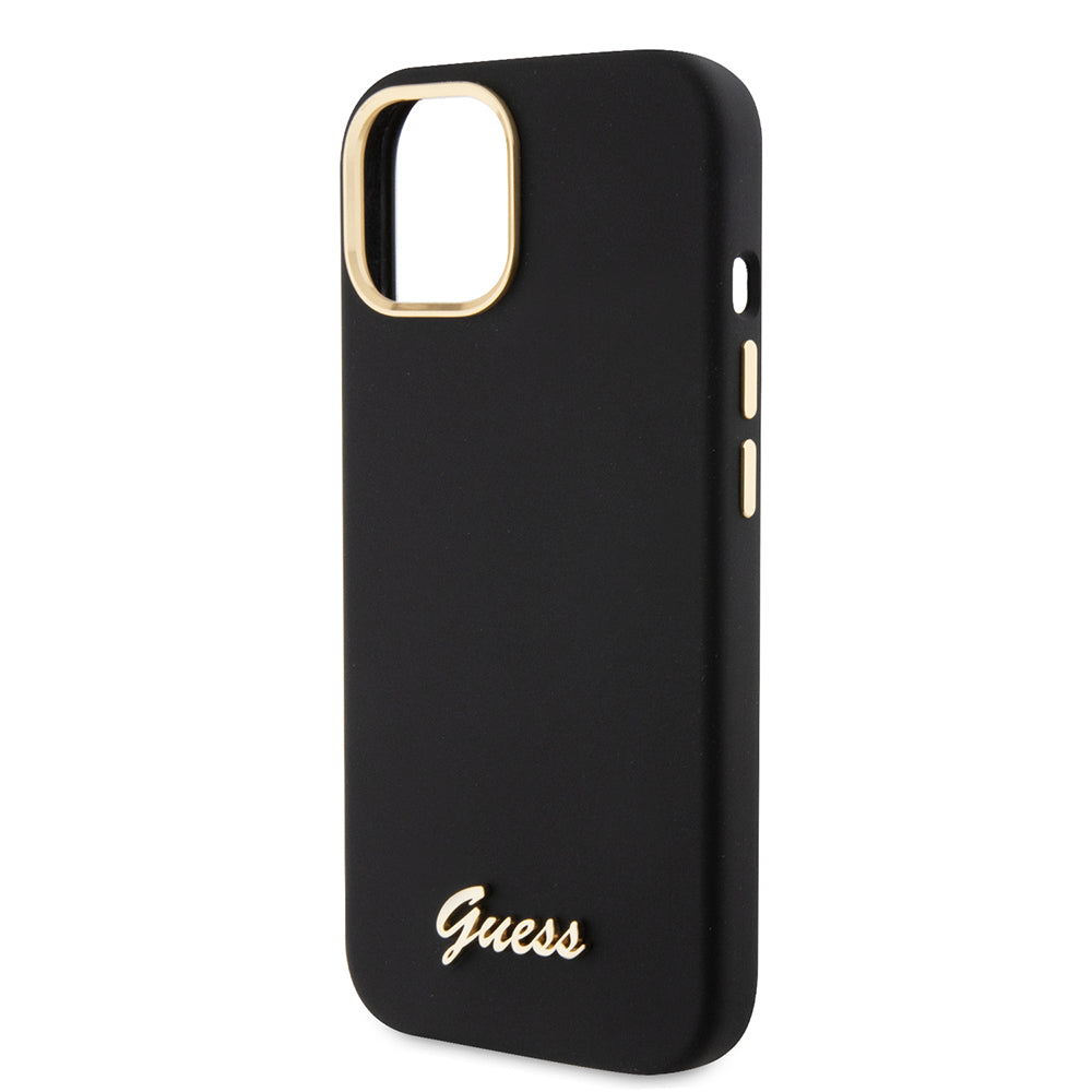 Husa de protectie Guess Silicone Script Metal Logo & Frame (GUHCP15SSMBSLK) compatibil cu iPhone 15, Negru