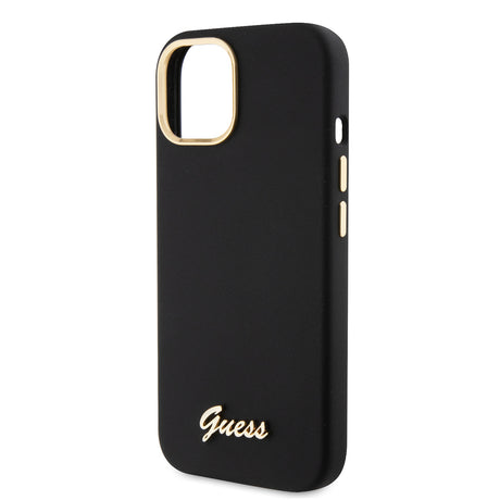 Husă Guess Silicone Script Metal Logo & Frame neagră pentru iPhone 15