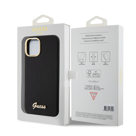 Husă Guess Silicone Script Metal Logo & Frame neagră pentru iPhone 15