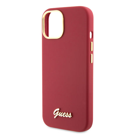 Husă Guess Silicone Script Metal Logo & Frame roșie pentru iPhone 15