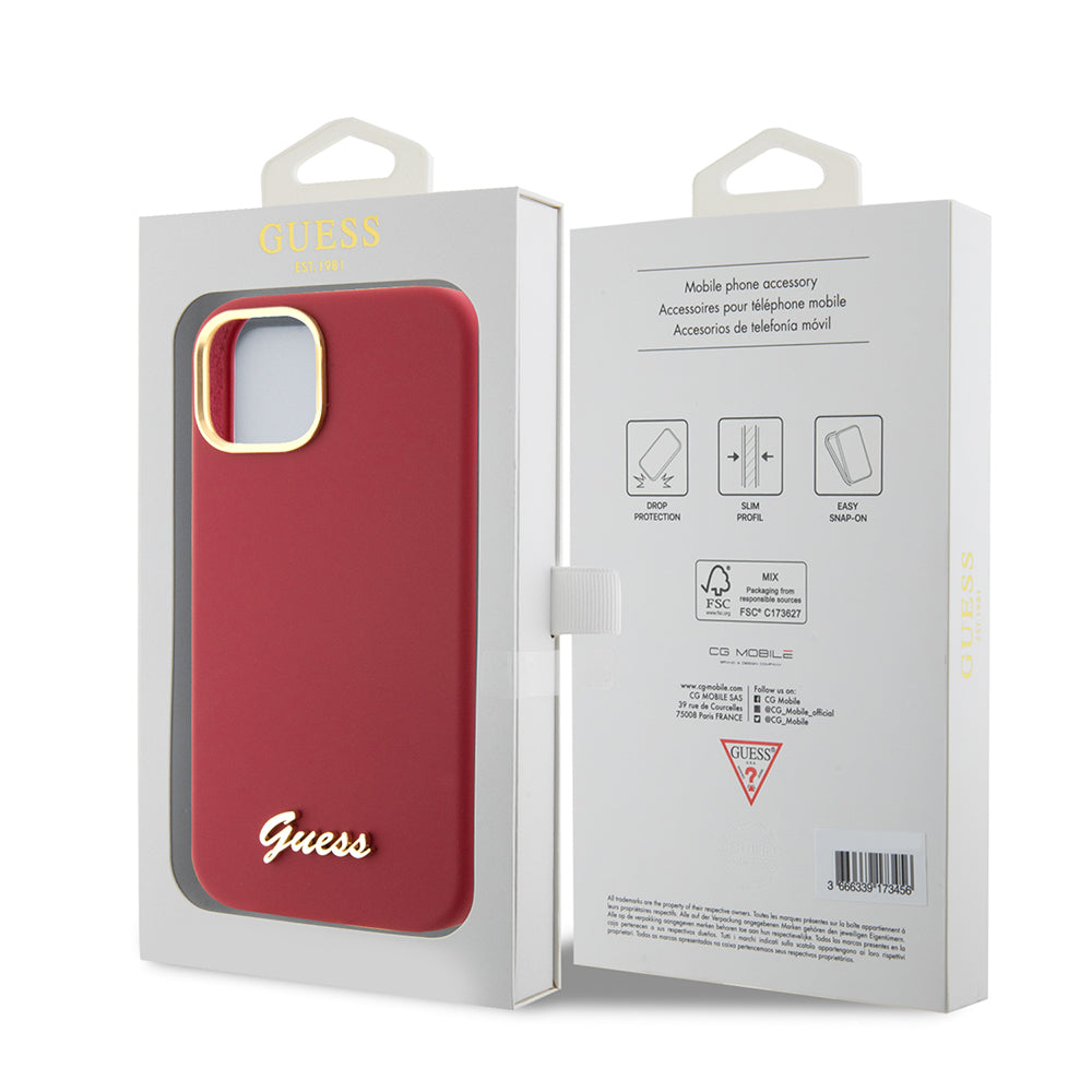 Husa de protectie Guess Silicone Script Metal Logo & Frame (GUHCP15SSMBSLM) compatibil cu iPhone 15, Rosu