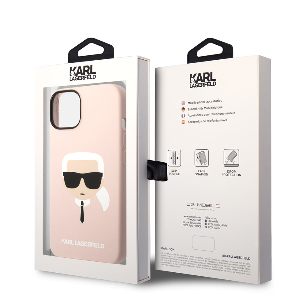 Husa de protectie Karl Lagerfeld Silicone MagSafe (KLHMP14MSLKHLP) compatibil cu iPhone 14 Plus, Roz Deschis Karl`S Head