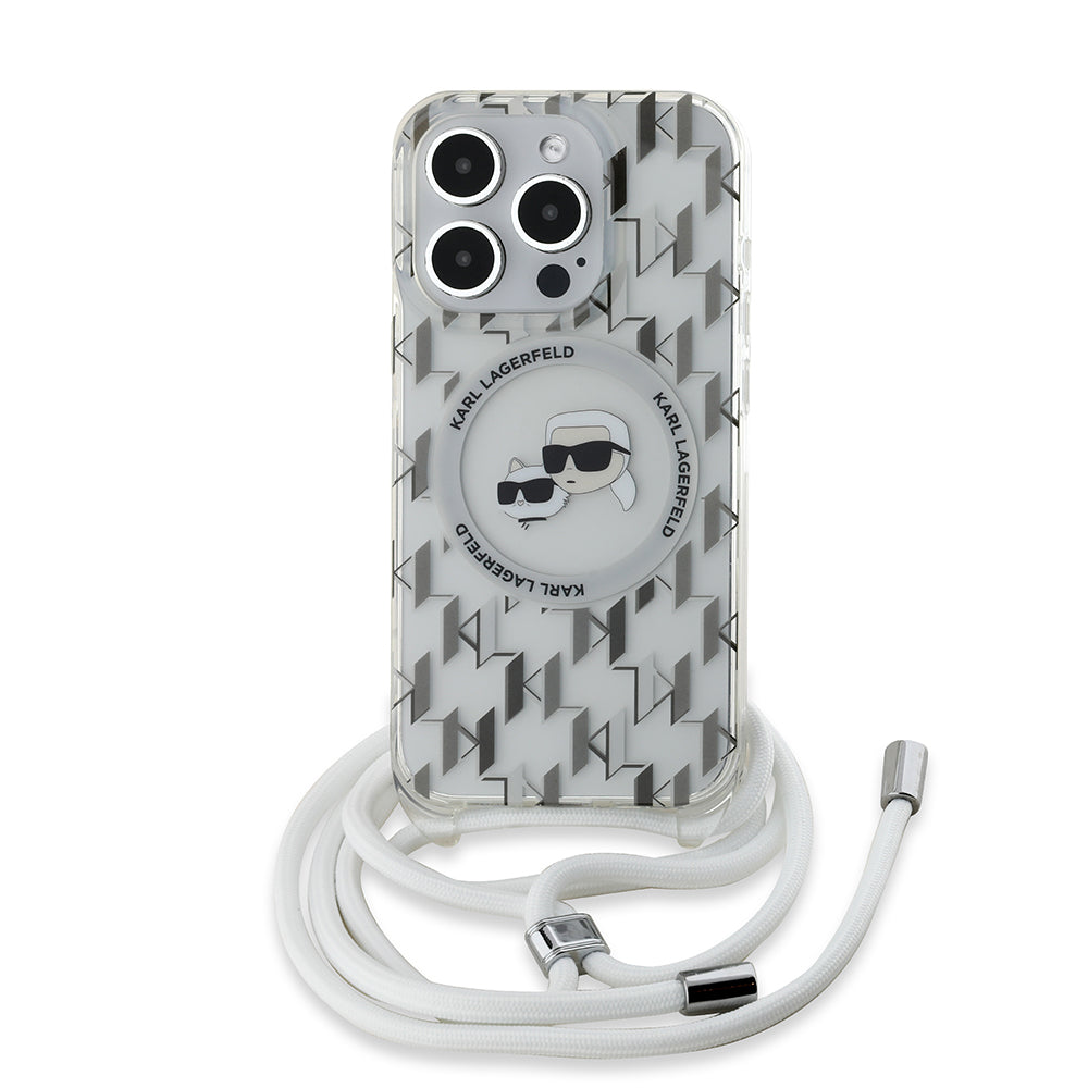 Husa de protectie Karl Lagerfeld IML Crossbody MagSafe (KLHMP15XHCKCKLCT) compatibil cu iPhone 15 Pro Max, Transparent Monogram Karl&Choupette Head