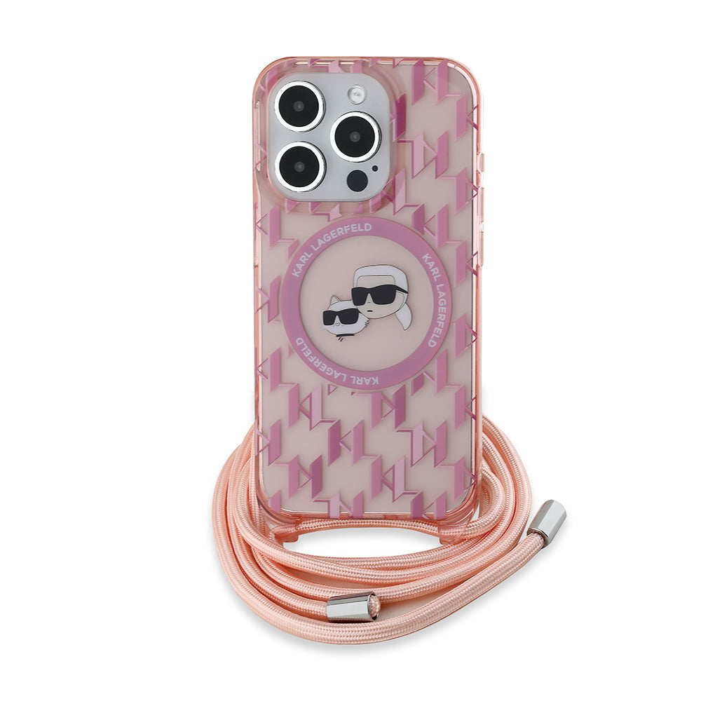 Husa de protectie Karl Lagerfeld IML Crossbody MagSafe (KLHMP15XHCKCKLCP) compatibil cu iPhone 15 Pro Max, Roz Monogram Karl&Choupette Head