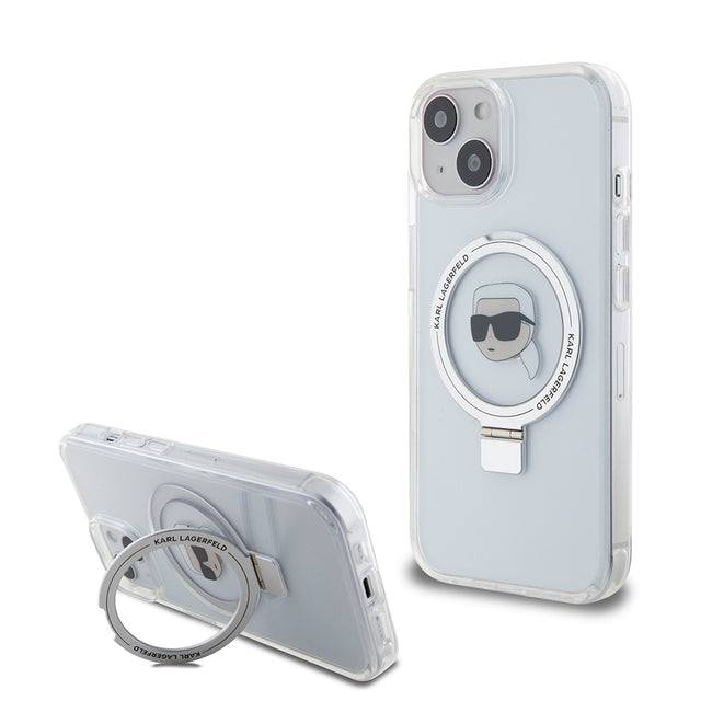 Husa de protectie Karl Lagerfeld Hardcase Ring Stand MagSafe (KLHMP15SHMRSKHH) compatibil cu iPhone 15, Alb Karl Head
