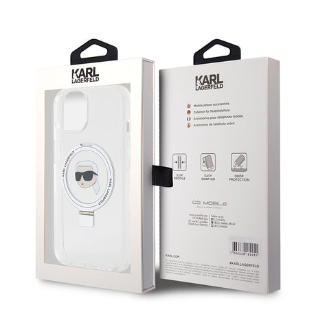 Husa de protectie Karl Lagerfeld Hardcase Ring Stand MagSafe (KLHMP15SHMRSKHH) compatibil cu iPhone 15, Alb Karl Head