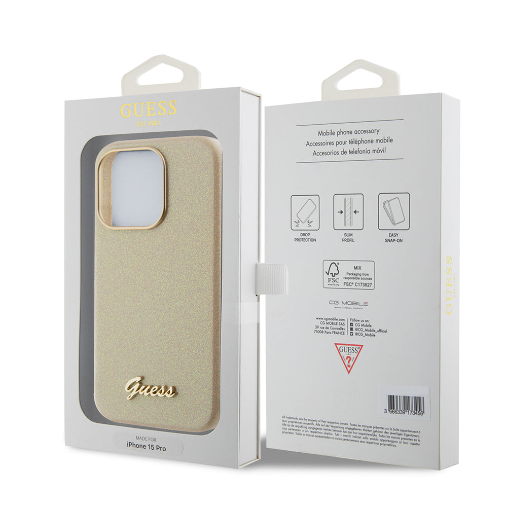 Husa de protectie Guess Glitter Glossy Script (GUHCP15LPGMCSD) compatibil cu iPhone 15 Pro, Sparkle Beige