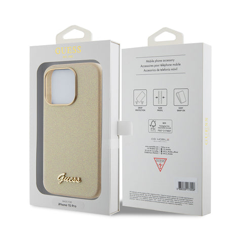 Husa de protectie Guess Glitter Glossy Script (GUHCP15LPGMCSD) compatibil cu iPhone 15 Pro, Sparkle Beige