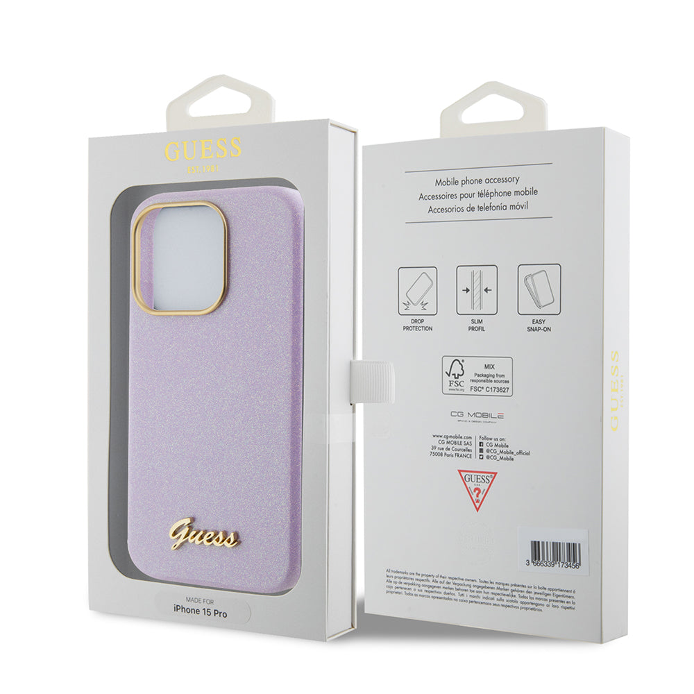 Husa de protectie Guess Glitter Glossy Script (GUHCP15LPGMCSL) compatibil cu iPhone 15 Pro, Mov Deschis