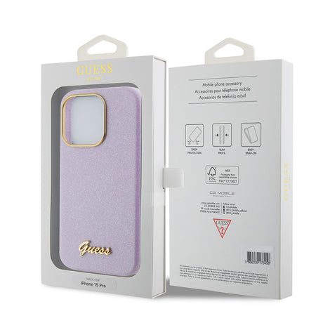 Husa de protectie Guess Glitter Glossy Script (GUHCP15LPGMCSL) compatibil cu iPhone 15 Pro, Mov Deschis