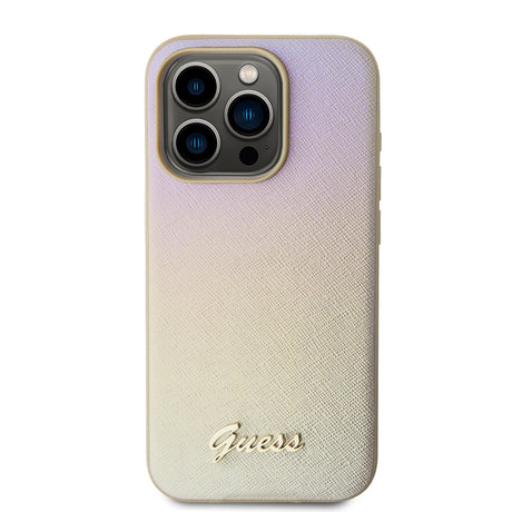 Husa de protectie Guess Saffiano Iridescent Script (GUHCP15LPSAIRSD) compatibil cu iPhone 15 Pro, Auriu