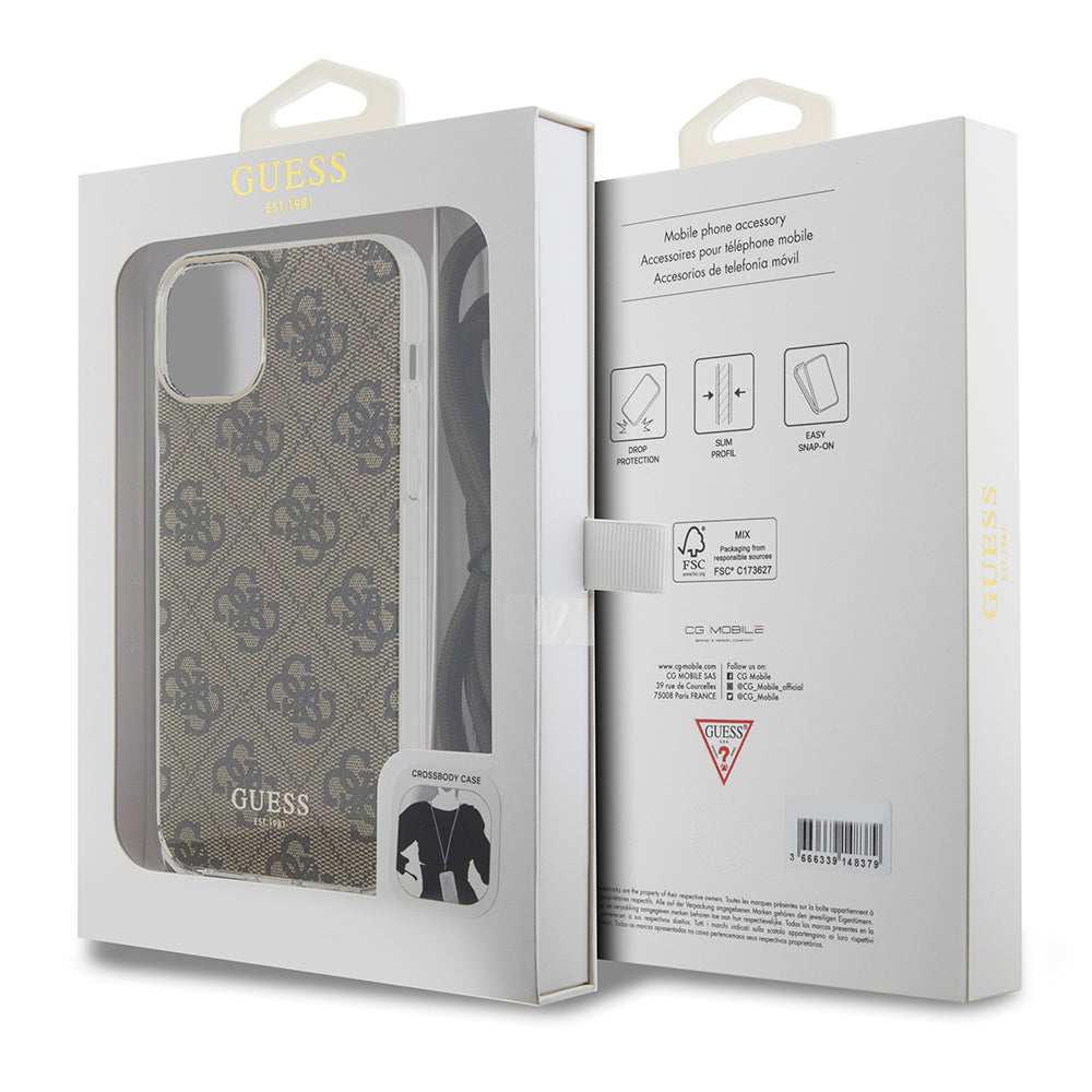 Husa de protectie Guess Crossbody Cord 4G Print (GUHCP15SHC4SEW) compatibil cu iPhone 15, Maro