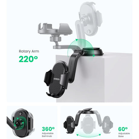 Suport Ugreen LP405 (20473), Waterfall-Shaped with Suction Cup for Dashboard, 360°, 4.7″- 7.2″ Phones, Negru