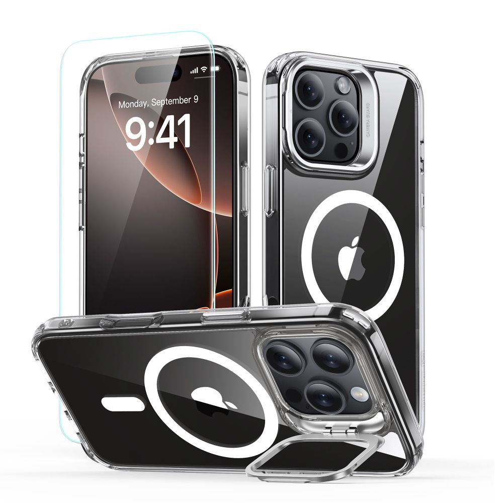 Folie de protectie ESR Classic Hybrid HaloLock Kickstand + Tempered Glass compatibil cu iPhone 16 Pro, Transparent