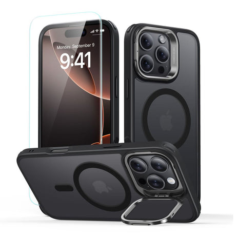 Folie de protectie ESR Classic Hybrid HaloLock Kickstand + Tempered Glass compatibil cu iPhone 16 Pro Max, Negru Mat